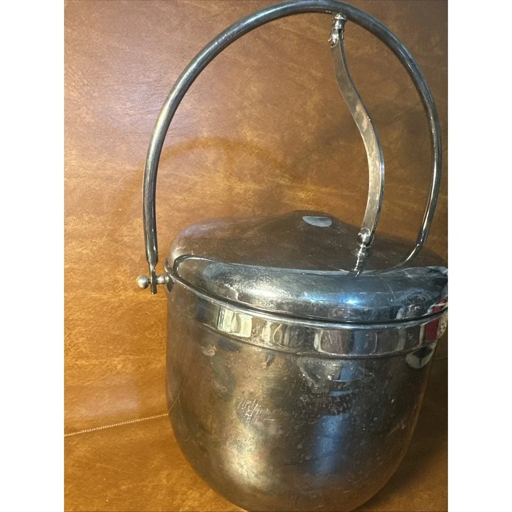 Vintage Silver Plated Mechanical Ice Bucket W Milk Glass, Swing Lid, Patina b